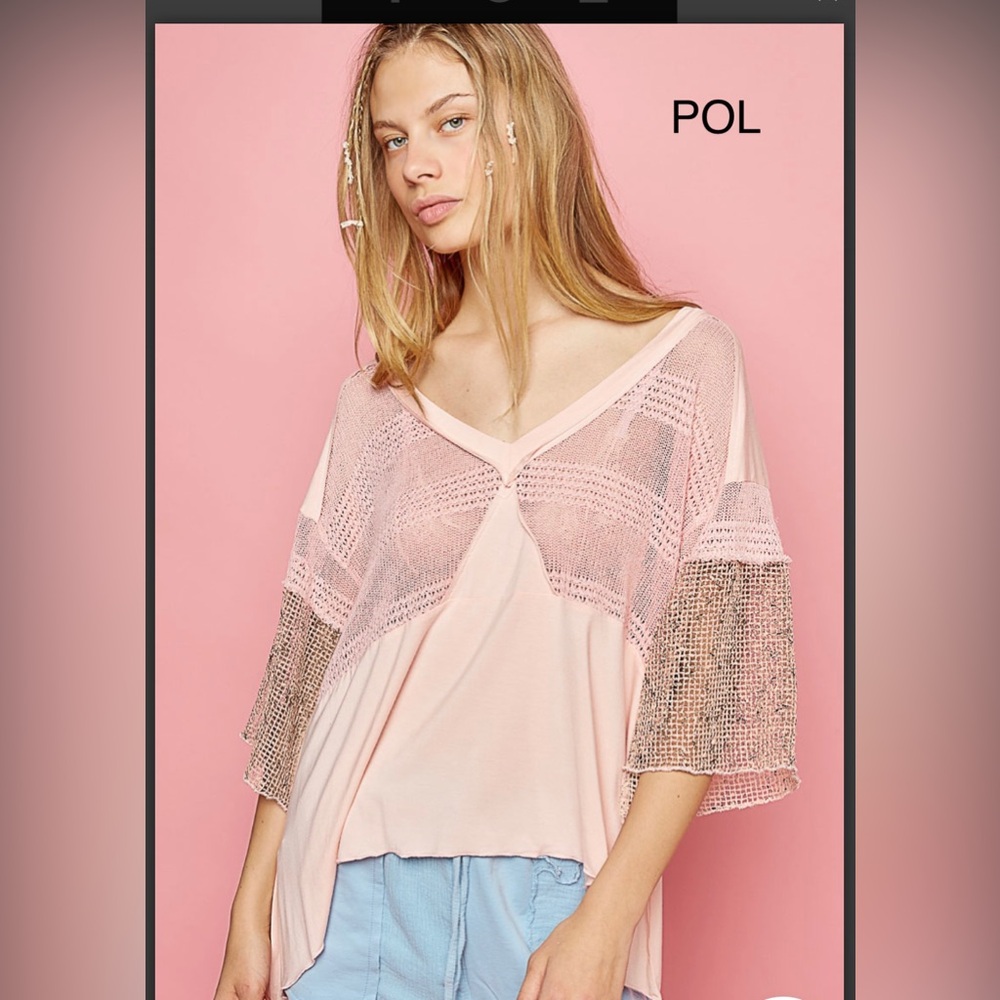 BP25🌸POL pretty pale pink mixed media top w/sheer back+sleeves🌸Great vacay look🌸 - Picture 2 of 6
